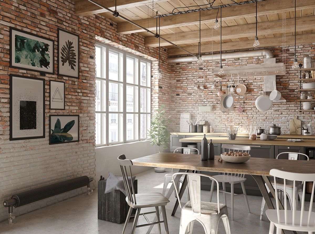 Cocina y office con decoracio´n de estilo industrial